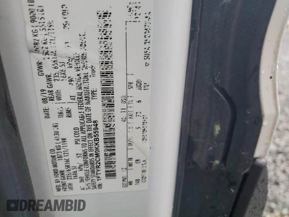 2019 Ford Transit with VIN 1FTYR2CM0KKB55948, listed as a Copart auction lot 50158005 with 158,060 mi miles and Clean Title. Bid and sale history available at carsss.com. Image 13.
