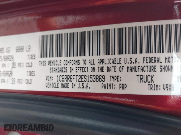 2014 Ram 1500 Express with VIN 1C6RR6FT2ES153869, listed as a IAAI auction lot 41927392 with 161,176 mi miles and . Bid and sale history available at DreamBid. Image 9.