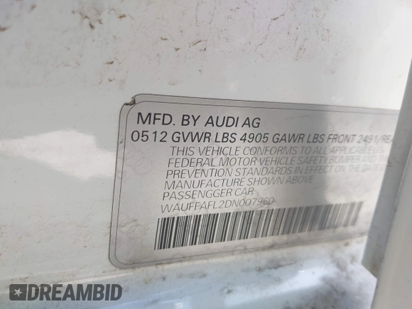 2013 Audi A4 Premium Plus z VIN WAUFFAFL2DN007960, wystawiony jako IAAI lot #42017057 z przebiegiem 104 347 mil mil oraz . Historia ofert i sprzedaży dostępna na DreamBid. Obrazek 9.