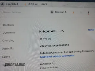 2023 Tesla Model 3 с VIN 5YJ3E1EA9PF688503, выставлен на аукционе Copart как лот 59783765 с пробегом 21 872 миль миль и Списание • Salvage title. История ставок и продаж доступна на DreamBid. Изображение 9.