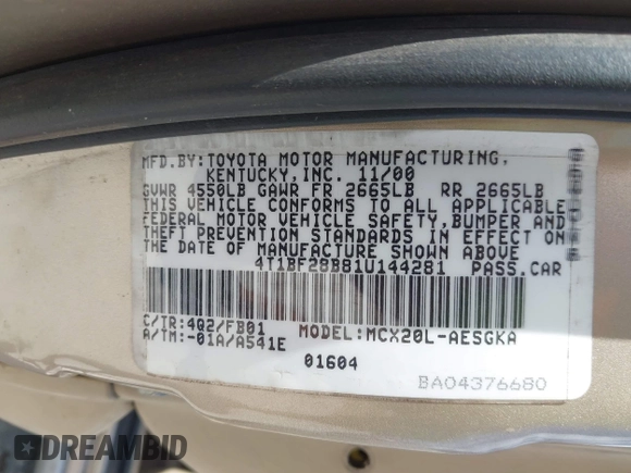 2001 Toyota Avalon XL with VIN 4T1BF28B81U144281, listed as a IAAI auction lot 41563820 with 169,911 mi miles and . Bid and sale history available at DreamBid. Image 9.