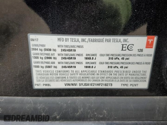 2017 Tesla Model S 100D with VIN 5YJSA1E21HF218273, listed as a Copart auction lot 55598075 with Not provided miles and Salvage title. Bid and sale history available at DreamBid. Image 13.