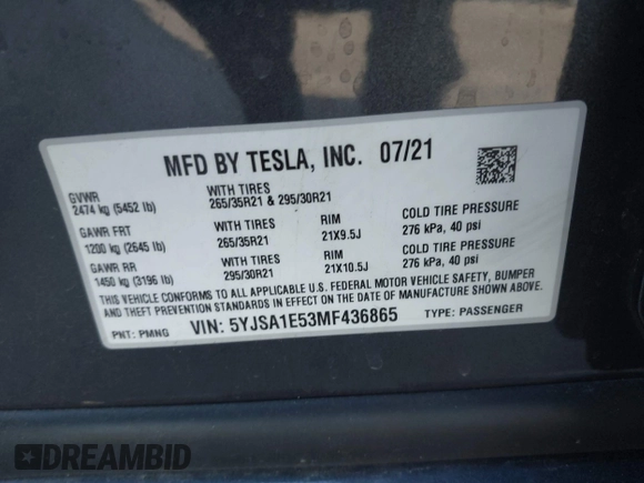 2021 Tesla Model S Long Range with VIN 5YJSA1E53MF436865, listed as a IAAI auction lot 41384837 with 20,829 mi miles and . Bid and sale history available at DreamBid. Image 9.
