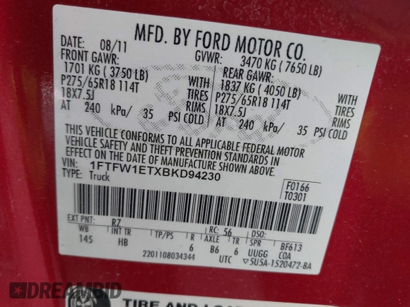 2011 Ford F-150 XLT with VIN 1FTFW1ETXBKD94230, listed as a IAAI auction lot 41566841 with 207,715 mi miles. Bid and sale history available at carsss.com. Image 9.