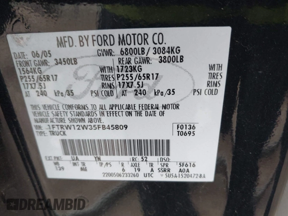 2005 Ford F-150 XLT with VIN 1FTRW12W35FB45809, listed as a IAAI auction lot 41611912 with 253,241 mi miles. Bid and sale history available at carsss.com. Image 9.