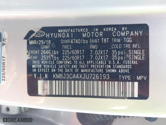 2018 Hyundai Tucson SEL with VIN KM8J3CA4XJU726193, listed as a IAAI auction lot 39087796 with 62,418 mi miles. Bid and sale history available at carsss.com. Image 9.