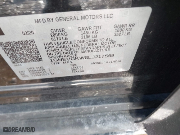 2020 Chevrolet Traverse LT Cloth with VIN 1GNEVGKW8LJ217559, listed as a IAAI auction lot 41458010 with 43,533 mi miles. Bid and sale history available at carsss.com. Image 9.