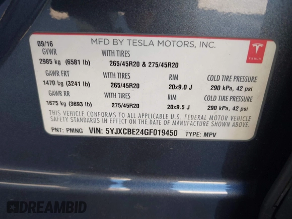 2016 Tesla Model X 70D with VIN 5YJXCBE24GF019450, listed as a IAAI auction lot 41517321 with 96,831 mi miles. Bid and sale history available at carsss.com. Image 9.