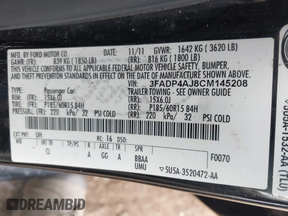2012 Ford Fiesta S with VIN 3FADP4AJ8CM145208, listed as a IAAI auction lot 41784292 with 99,167 mi miles. Bid and sale history available at carsss.com. Image 9.