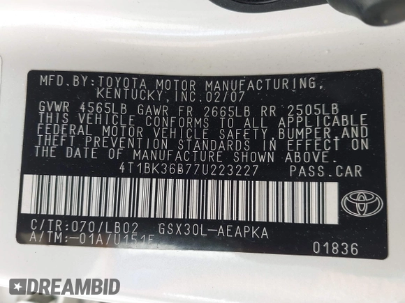2007 Toyota Avalon XL z VIN 4T1BK36B77U223227, wystawiony jako IAAI lot #42130436 z przebiegiem 130 211 mil mil oraz . Historia ofert i sprzedaży dostępna na DreamBid. Obrazek 9.