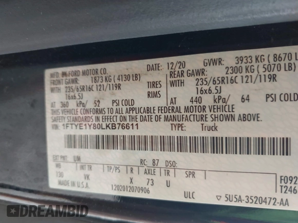 2020 Ford Transit Cargo with VIN 1FTYE1Y80LKB76611, listed as a IAAI auction lot 42445263 with 104,540 mi miles and . Bid and sale history available at DreamBid. Image 9.