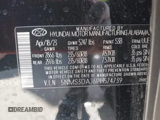 2023 Hyundai Santa Fe SEL with VIN 5NMS3DAJ6PH574739, listed as a IAAI auction lot 41968323 with 17,123 mi miles and . Bid and sale history available at DreamBid. Image 9.