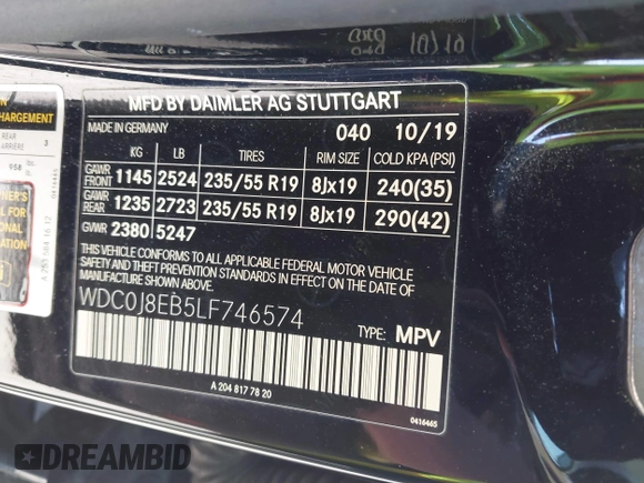 2020 Mercedes-Benz GLC with VIN WDC0J8EB5LF746574, listed as a IAAI auction lot 41772545 with 81,266 mi miles. Bid and sale history available at carsss.com. Image 9.