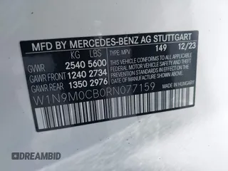 2024 Mercedes-Benz EQB 250+ z VIN W1N9M0CB0RN077159, wystawiony jako IAAI lot #41561661 z przebiegiem 2048 mil mil oraz . Historia ofert i sprzedaży dostępna na DreamBid. Obrazek 9.