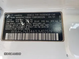 2001 BMW Z3 2.5 z VIN WBACN33461LM02519, wystawiony jako Copart lot #46251135 z przebiegiem 140 328 mil mil oraz Szkody całkowita. Historia ofert i sprzedaży dostępna na DreamBid. Obrazek 12.