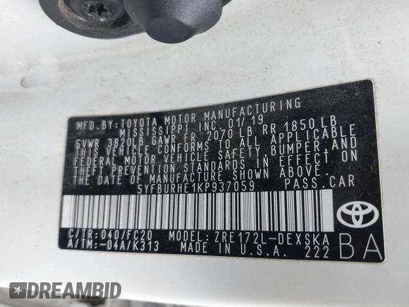 2019 Toyota Corolla L with VIN 5YFBURHE1KP937059, listed as a IAAI auction lot 41901278 with 98,796 mi miles and . Bid and sale history available at DreamBid. Image 9.