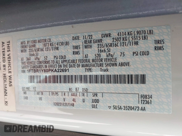 2023 Ford Transit Cargo with VIN 1FTBR1Y80PKA22691, listed as a IAAI auction lot 41789744 with 35,748 mi miles and . Bid and sale history available at DreamBid. Image 9.