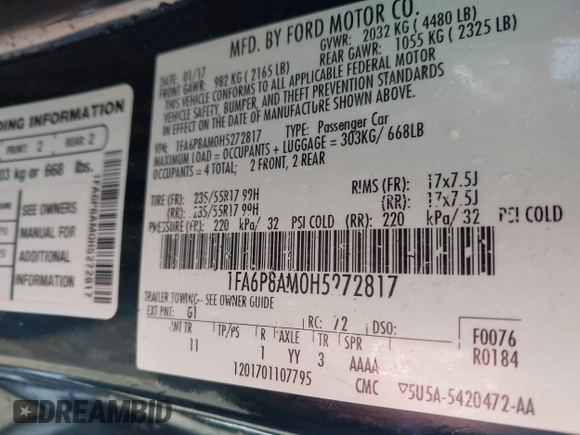 2017 Ford Mustang V6 with VIN 1FA6P8AM0H5272817, listed as a IAAI auction lot 41938576 with Not provided miles and . Bid and sale history available at DreamBid. Image 9.