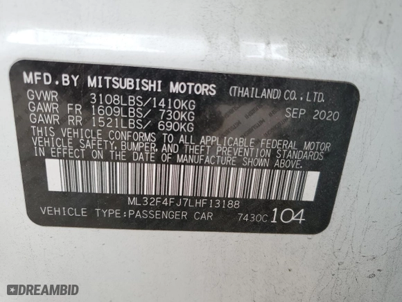 2020 Mitsubishi Mirage G4 SE with VIN ML32F4FJ7LHF13188, listed as a Copart auction lot 84144784 with 29,539 mi miles and Salvage Title. Bid and sale history available at carsss.com. Image 12.