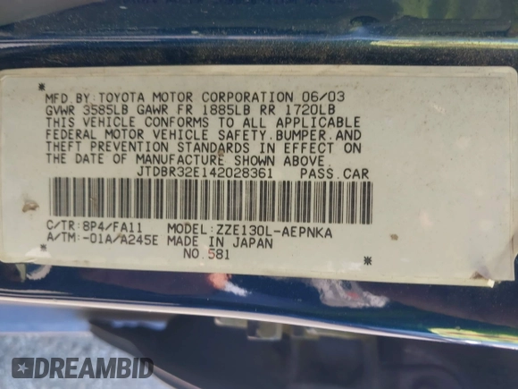 2004 Toyota Corolla CE with VIN JTDBR32E142028361, listed as a IAAI auction lot 42244966 with 135,437 mi miles and . Bid and sale history available at DreamBid. Image 9.