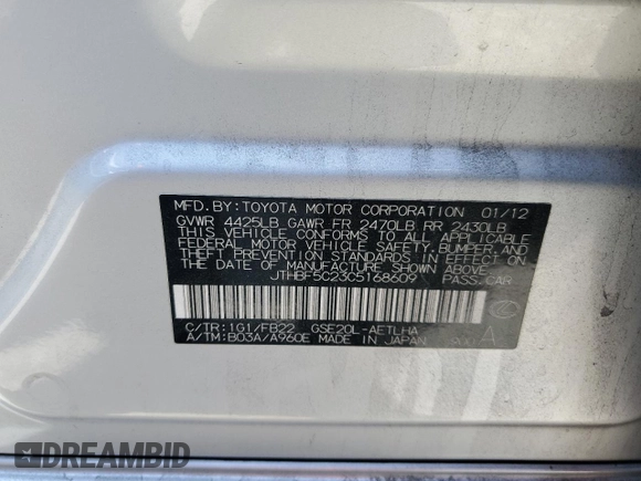 2012 Lexus IS 250 z VIN JTHBF5C23C5168609, wystawiony jako Copart lot #59409105 z przebiegiem 165 550 mil mil oraz Szkoda całkowita • Salvage title. Historia ofert i sprzedaży dostępna na DreamBid. Obrazek 13.