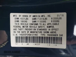 2016 Honda Accord Sport с VIN 1HGCR2F54GA121492, выставлен на аукционе IAAI как лот 41573293 с пробегом 68 417 миль миль и . История ставок и продаж доступна на DreamBid. Изображение 9.