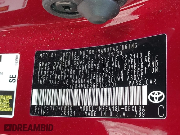 2024 Toyota Corolla LE z VIN 5YFB4MDE2RP109704, wystawiony jako IAAI lot #42307290 z przebiegiem 48 996 mil mil oraz . Historia ofert i sprzedaży dostępna na DreamBid. Obrazek 9.