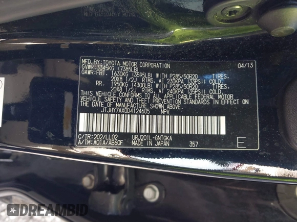 2013 Lexus LX 570 with VIN JTJHY7AX0D4124605, listed as a IAAI auction lot 41913053 with 141,389 mi miles and . Bid and sale history available at DreamBid. Image 9.