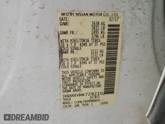 2017 Nissan Frontier Pro-4X z VIN 1N6DD0EV8HN729210, wystawiony jako Copart lot #52531055 z przebiegiem 93 727 mil mil oraz Szkoda całkowita • Salvage title. Historia ofert i sprzedaży dostępna na DreamBid. Obrazek 12.