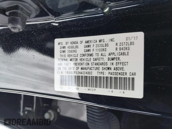 2017 Acura TLX V6 w/Technology Pkg with VIN 19UUB2F52HA004892, listed as a IAAI auction lot 41512188 with 92,581 mi miles and . Bid and sale history available at DreamBid. Image 9.