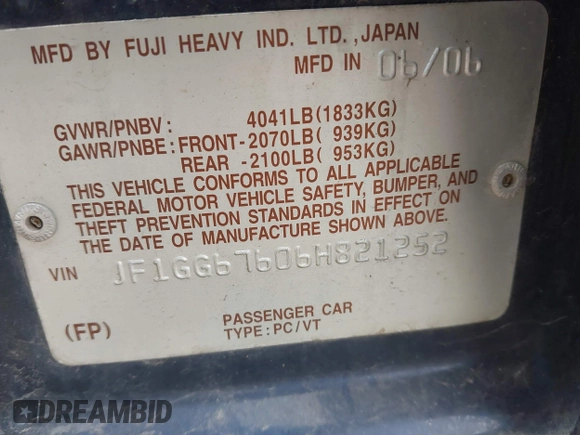 2006 Subaru Impreza i с VIN JF1GG67606H821252, выставлен на аукционе IAAI как лот 42034238 с пробегом 114 681 миль миль и . История ставок и продаж доступна на DreamBid. Изображение 9.