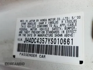 2000 Acura Integra LS z VIN JH4DC4357YS010661, wystawiony jako Copart lot #58376325 z przebiegiem 203 517 mil mil oraz Szkoda całkowita • Salvage title. Historia ofert i sprzedaży dostępna na DreamBid. Obrazek 12.