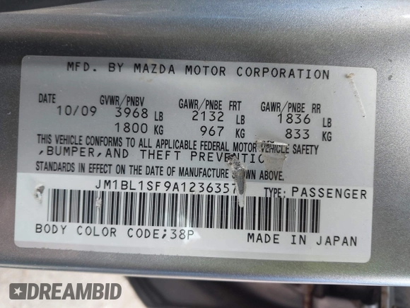 2010 Mazda 3 i Sport with VIN JM1BL1SF9A1236357, listed as a IAAI auction lot 41958945 with 85,927 mi miles and . Bid and sale history available at DreamBid. Image 9.