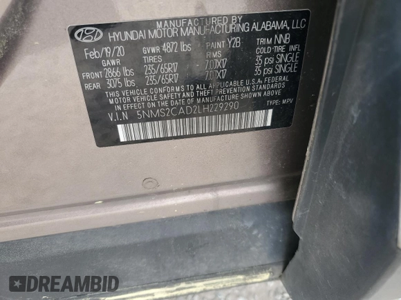 2020 Hyundai Santa Fe SE with VIN 5NMS2CAD2LH229290, listed as a Copart auction lot 49957075 with 97,938 mi miles and Salvage Title. Bid and sale history available at DreamBid. Image 16.