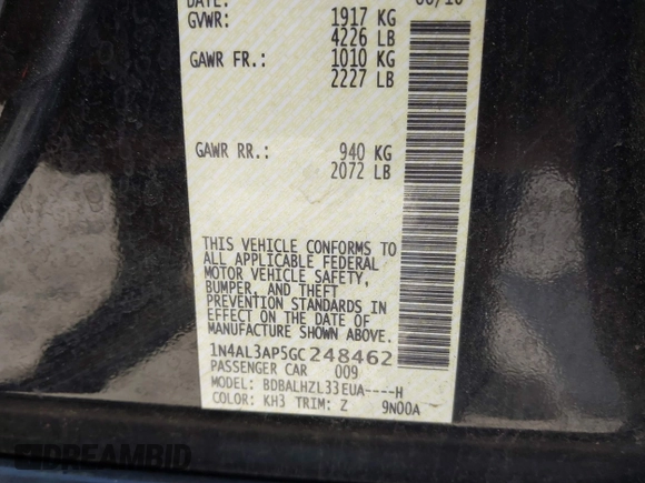 2016 Nissan Altima SR with VIN 1N4AL3AP5GC248462, listed as a IAAI auction lot 41866763 with 56,040 mi miles and . Bid and sale history available at carsss.com. Image 9.