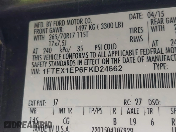2015 Ford F-150 XLT с VIN 1FTEX1EP6FKD24662, выставлен на аукционе IAAI как лот 41505565 с пробегом 246 898 миль миль и . История ставок и продаж доступна на DreamBid. Изображение 9.