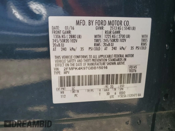 2016 Ford Edge Titanium with VIN 2FMPK4K97GBB15016, listed as a Copart auction lot 51073725 with 115,496 mi miles and Salvage Title. Bid and sale history available at carsss.com. Image 13.