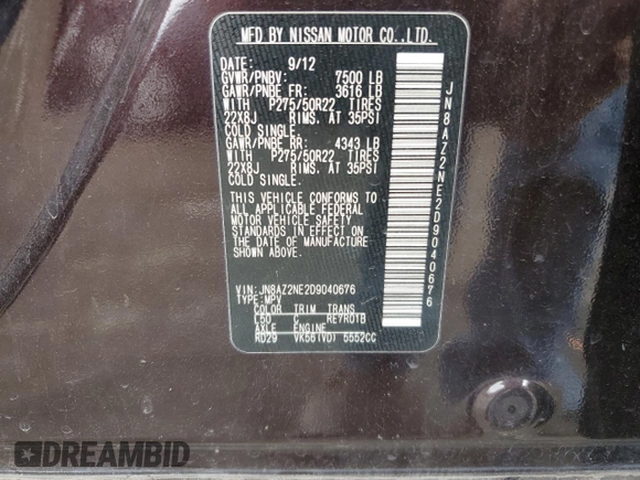 2013 Infiniti QX56 with VIN JN8AZ2NE2D9040676, listed as a Copart auction lot 71395084 with 163,769 mi miles and Salvage Title. Bid and sale history available at carsss.com. Image 14.