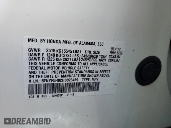 2017 Honda Pilot Touring with VIN 5FNYF5H92HB023469, listed as a Copart auction lot 51663635 with 182,295 mi miles and Salvage Title. Bid and sale history available at carsss.com. Image 13.