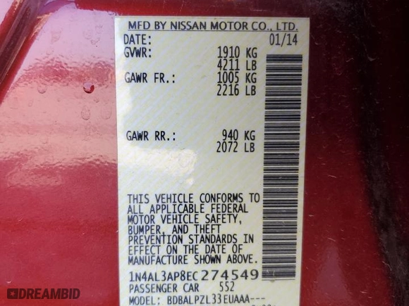 2014 Nissan Altima 2.5 S with VIN 1N4AL3AP8EC274549, listed as a Copart auction lot 50765915 with 162,687 mi miles and Salvage Title. Bid and sale history available at carsss.com. Image 12.