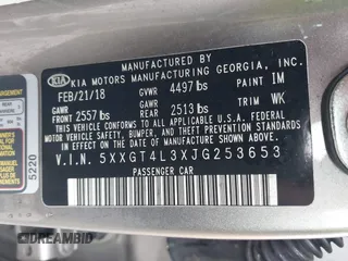 2018 Kia Optima LX with VIN 5XXGT4L3XJG253653, listed as a IAAI auction lot 41316235 with 84,261 mi miles. Bid and sale history available at carsss.com. Image 9.