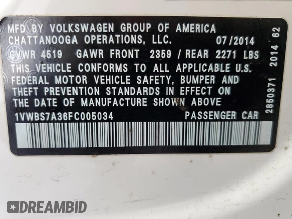 2015 Volkswagen Passat SE with VIN 1VWBS7A36FC005034, listed as a Copart auction lot 47081545 with 147,810 mi miles and Salvage title. Bid and sale history available at DreamBid. Image 14.