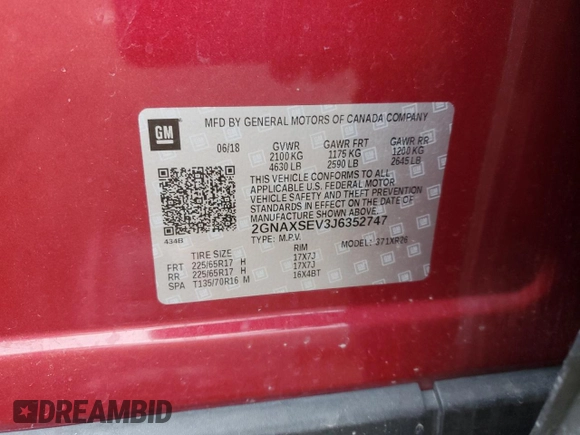 2018 Chevrolet Equinox LT with VIN 2GNAXSEV3J6352747, listed as a Copart auction lot 50538245 with 89,177 mi miles and Salvage Title. Bid and sale history available at DreamBid. Image 15.