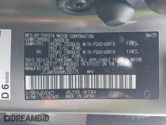 2021 Lexus GX 460 Premium z VIN JTJAM7BX8M5300175, wystawiony jako IAAI lot #41689029 z przebiegiem 46 850 mil mil oraz . Historia ofert i sprzedaży dostępna na DreamBid. Obrazek 9.