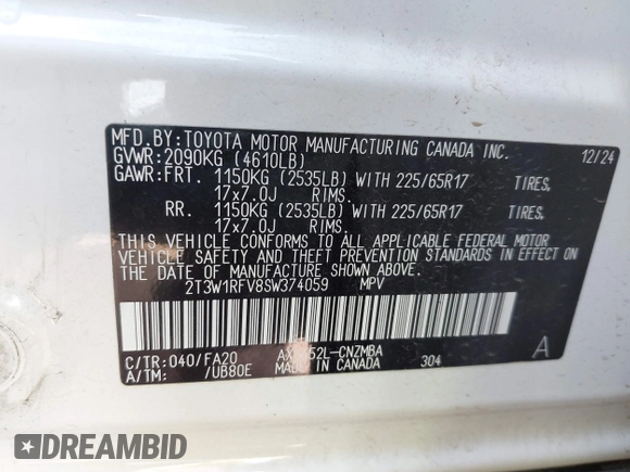 2025 Toyota RAV4 XLE with VIN 2T3W1RFV8SW374059, listed as a IAAI auction lot 42121740 with 7,228 mi miles. Bid and sale history available at carsss.com. Image 9.