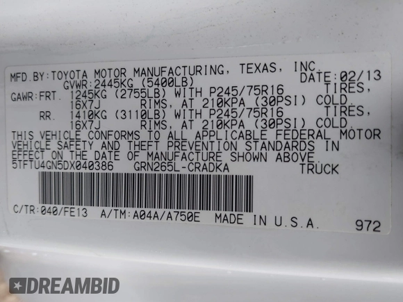 2013 Toyota Tacoma PreRunner with VIN 5TFTU4GN5DX040386, listed as a IAAI auction lot 41592956 with 217,885 mi miles. Bid and sale history available at carsss.com. Image 9.