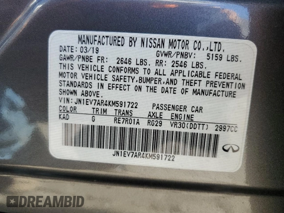 2019 Infiniti Q50 Luxe with VIN JN1EV7AR4KM591722, listed as a Copart auction lot 46364075 with 78,760 mi miles and Salvage Title. Bid and sale history available at carsss.com. Image 14.