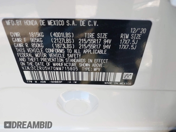2021 Honda HR-V EX-L with VIN 3CZRU5H70MM715805, listed as a IAAI auction lot 41792689 with 13,695 mi miles. Bid and sale history available at carsss.com. Image 9.