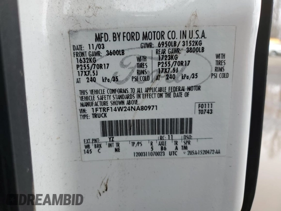 2004 Ford F-150 XL with VIN 1FTRF14W24NA80971, listed as a Copart auction lot 48242325 with 150,293 mi miles and Salvage Title. Bid and sale history available at DreamBid. Image 12.