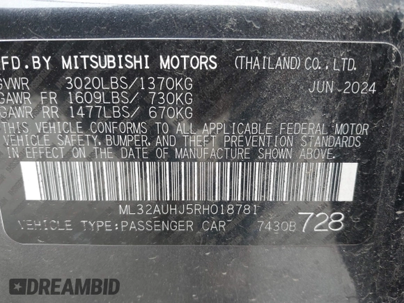 2024 Mitsubishi Mirage ES z VIN ML32AUHJ5RH018781, wystawiony jako IAAI lot #42442703 z przebiegiem 10 749 mil mil oraz . Historia ofert i sprzedaży dostępna na DreamBid. Obrazek 9.